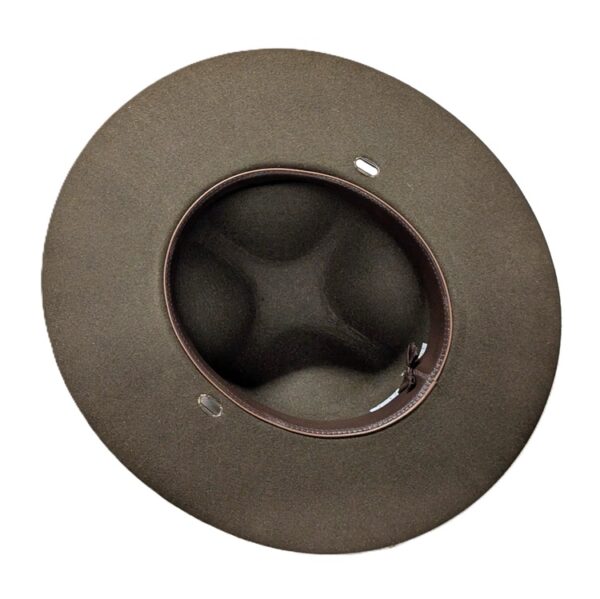 the underside of a felt US Marine Corps campaign cover (drill instructor hat) with a leather sweat band