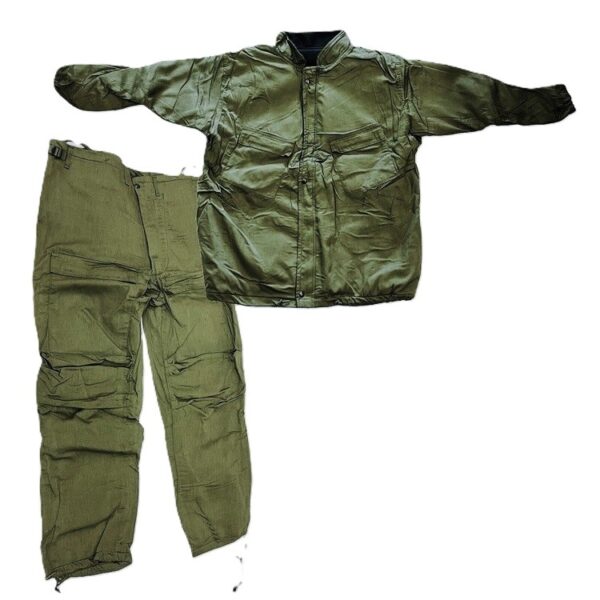 an olive drab (green) chemical suit consisting of cargo pants and a jacket