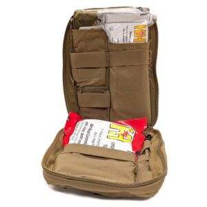 an open combat casualty response bag with IFAK medical supplies