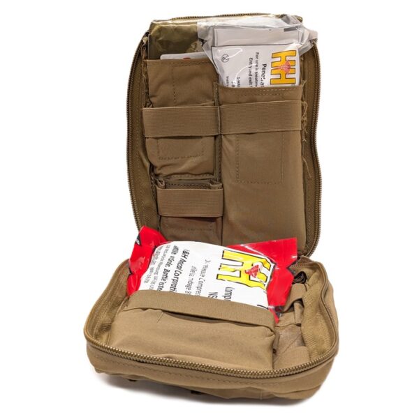 an open combat casualty response bag with IFAK medical supplies