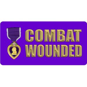 a purple license plate that says "COMBAT WOUNDED" alongside a Purple Heart