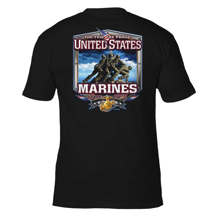the back of a US Marine Corps shirt showing the raising the flag