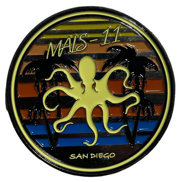 a MALS-11 Devilfish US Marine Corps challenge coin with a glow-in-the-dark octopus and "San Diego"