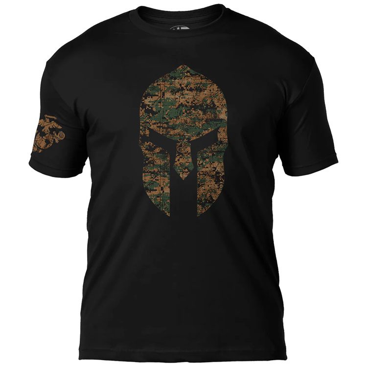 a black USMC shirt with a spartan helmet colored in US Marine Corps woodland MARPAT