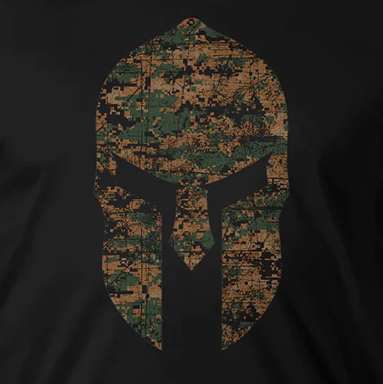 a spartan helmet colored in US Marine Corps woodland MARPAT