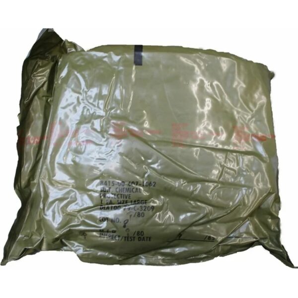 a green vacuum sealed package containing a USGI chem suit