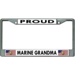 a chrome US Marine Corps license plate that says "Proud Marine Grandma" and has two USA flags