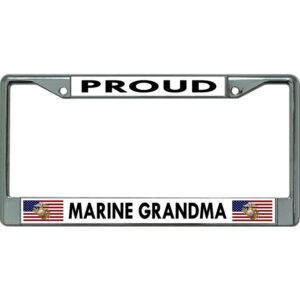 a chrome US Marine Corps license plate that says "Proud Marine Grandma" and has two USA flags