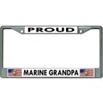 a chrome US Marine Corps license plate that says "Proud Marine Grandpa" and has two USA flags