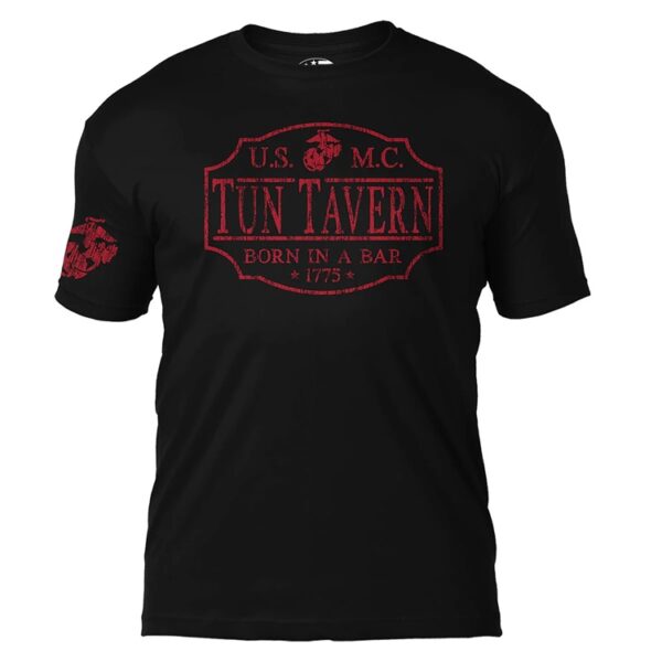 the front of a US Marine Corps shirt that says "Tun Tavern" and "Born in a Bar"