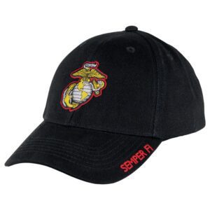 a black twill Marine Corps hat with an EGA and Semper Fi written on the bill