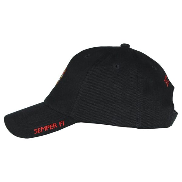 side view of a black twill Marine Corps hat Semper Fi written on the bill