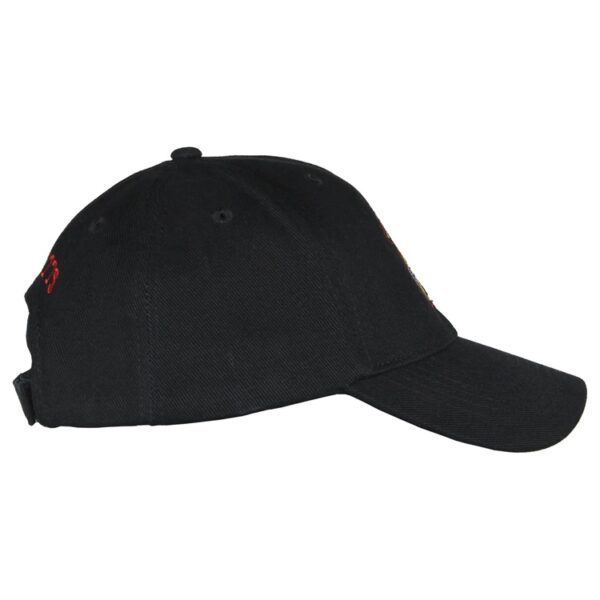 side view of a black twill US Marine Corps hat