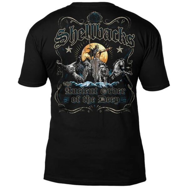 the back of a black USN and Marine Corps Shellbacks shirt with Neptune