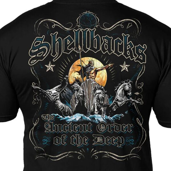 closeup of the back of a black USN and Marine Corps Shellbacks shirt with Neptune