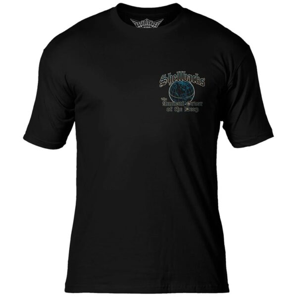 a black US Navy and USMC shirt with a blue globe that says "Shellbacks The Ancient Order of the Deep"