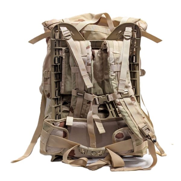 the back of a tri-color desert USGI MOLLE II Rucksack showing the frame and shoulder straps