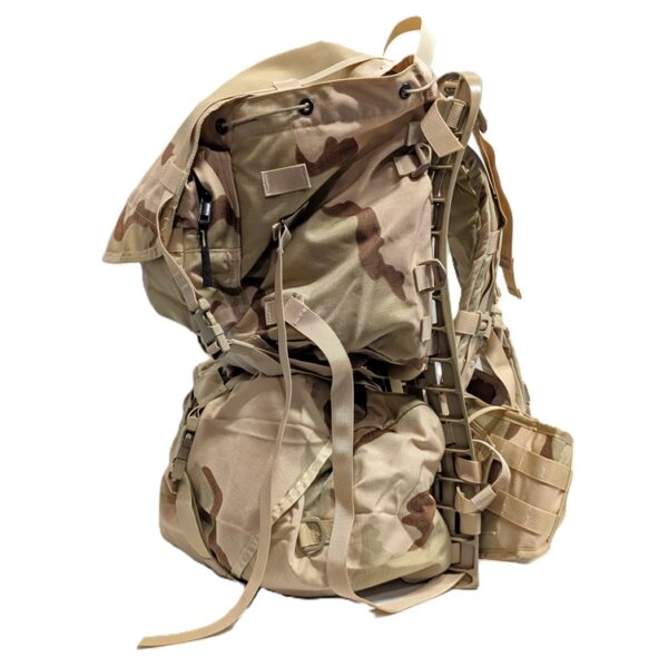 the side view of a three-color desert USGI MOLLE II Rucksack