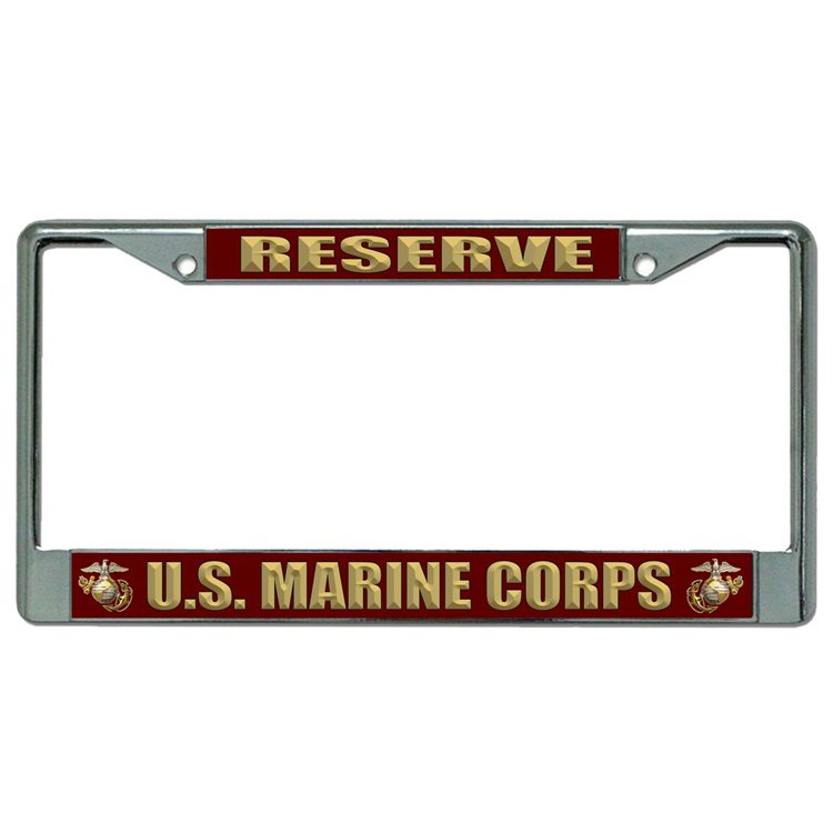 a chrome USMC license plate frame that says "Reserve" and "US Marine Corps" with EGA's