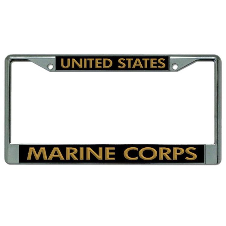 a chrome USMC license plate with the words "United States Marine Corps"