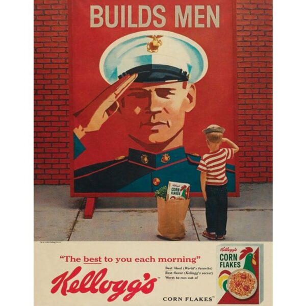 a vintage Kellogg's cereal ad with a saluting US Marine