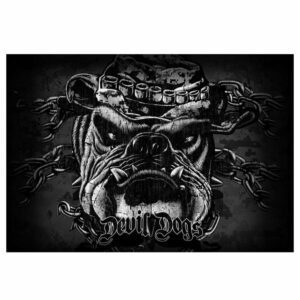 a monochromatic US Marine Corps rug featuring a bulldog (their mascot) with an angry expression wearing a boonie cover with broken chains in the background