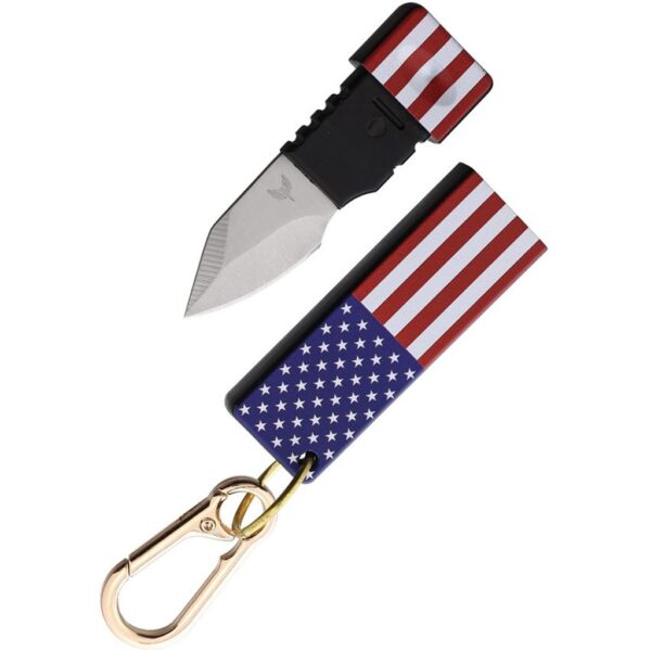 a compact fixed blade knife with a USA flag on the outside of the knife