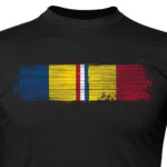 closeup of a black t-shirt featuring a combat action ribbon