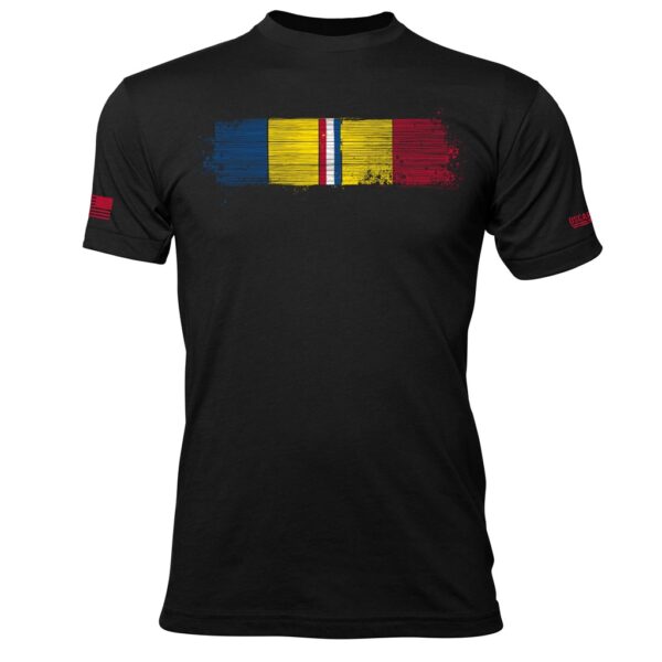 a black t-shirt featuring a combat action ribbon