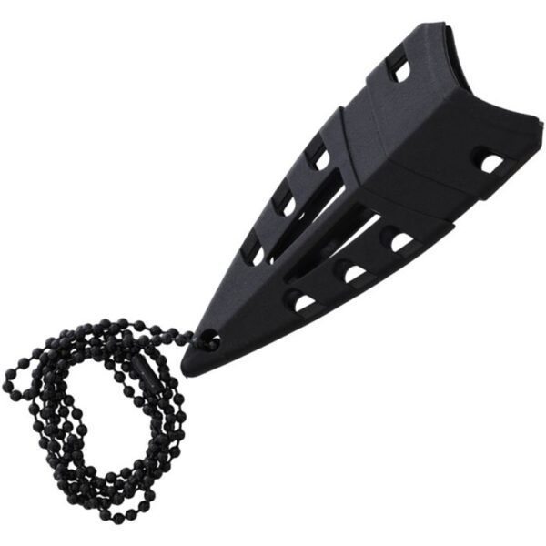 a black sheath and lanyard that goes to a dagger-style neck knife