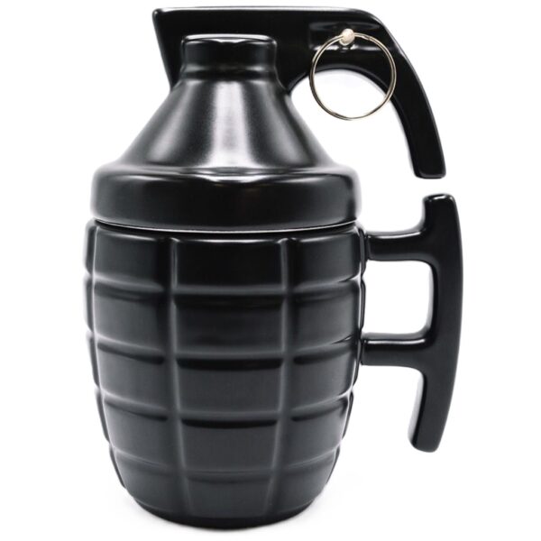 a black coffee mug shaped like a grenade