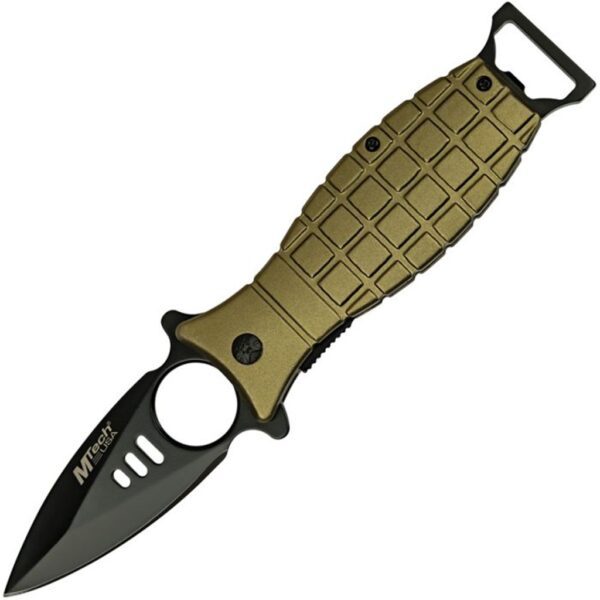 a green pocket knife shaped like a grenade with a black blade