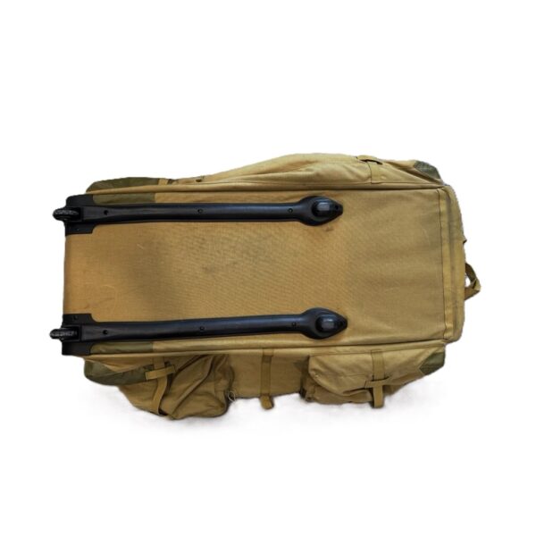 the underside, frame, and wheels of a large London Bridge Trading Company US Marine Corps coyote brown deployment bag