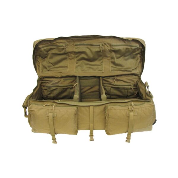 the inside of a large London Bridge Trading Company US military surplus coyote brown deployment bag