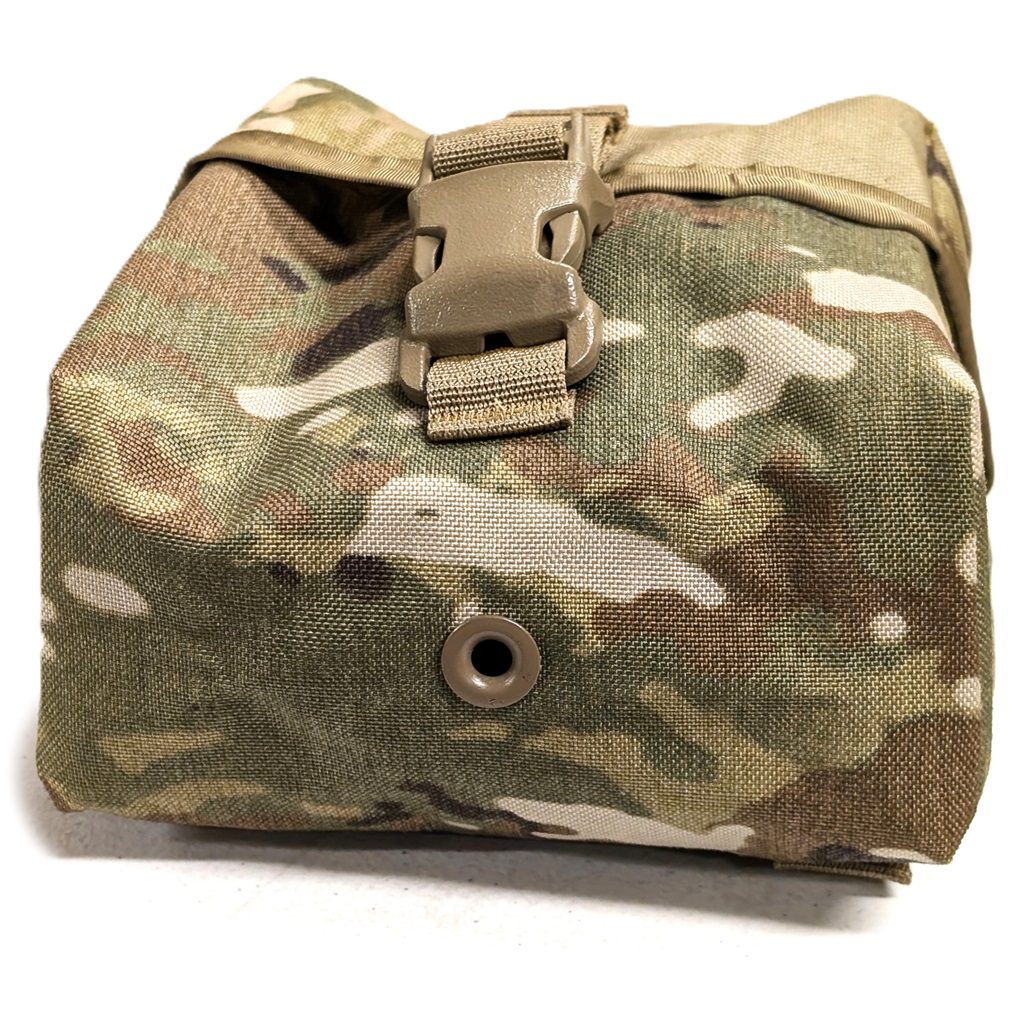 the bottom and grommet of an OCP Scorpion camo 100 round magazine pouch