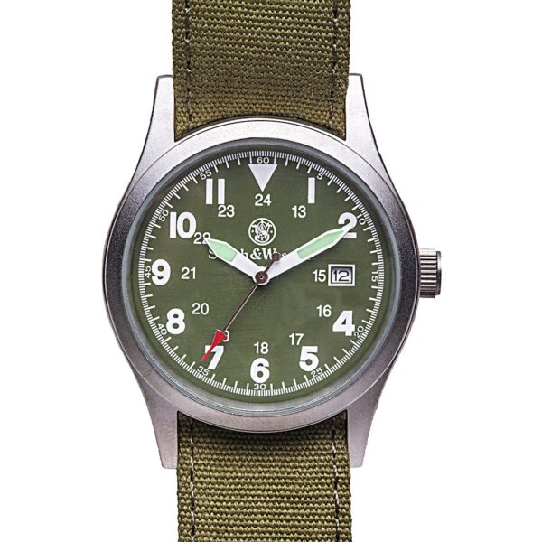 an olive drab and silver watch from Smith & Wesson