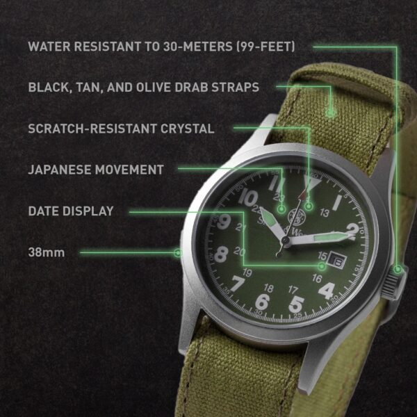 features on an olive drab military watch