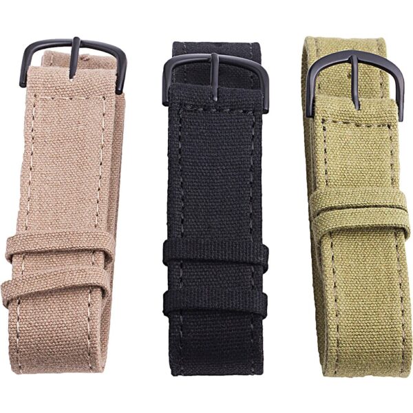 three different watch bands in tan, black, and olive drab