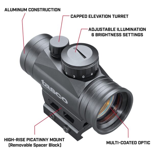 features of a Tasco Propoint 1x30mm red dot sight