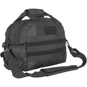 a black gun, ammo, and accessory shooting range bag