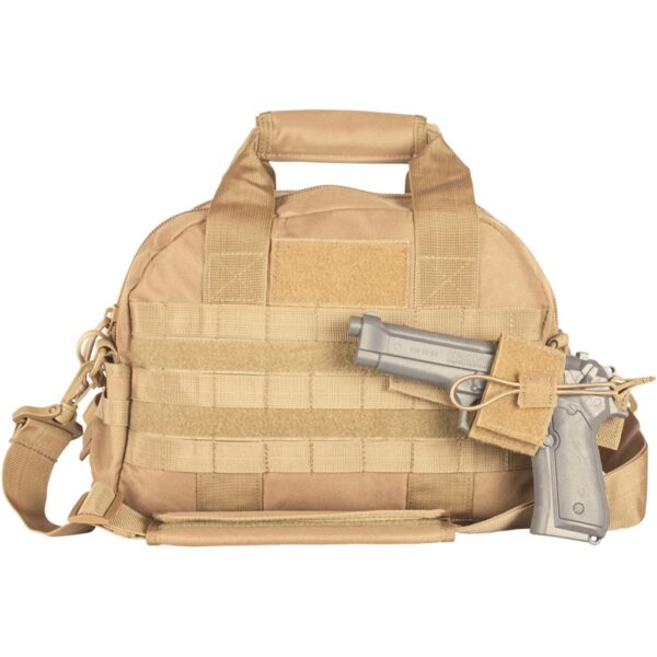 a coyote tan gun, ammo, and accessory shooting range bag with a pistol attached