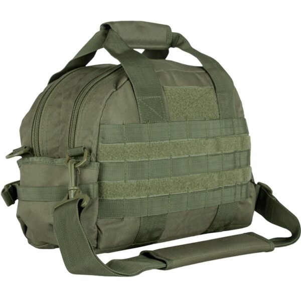 an olive drab (green) gun, ammo, and accessory shooting range bag