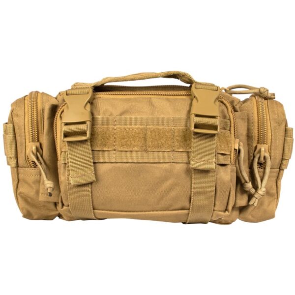 front of a coyote brown modular pack