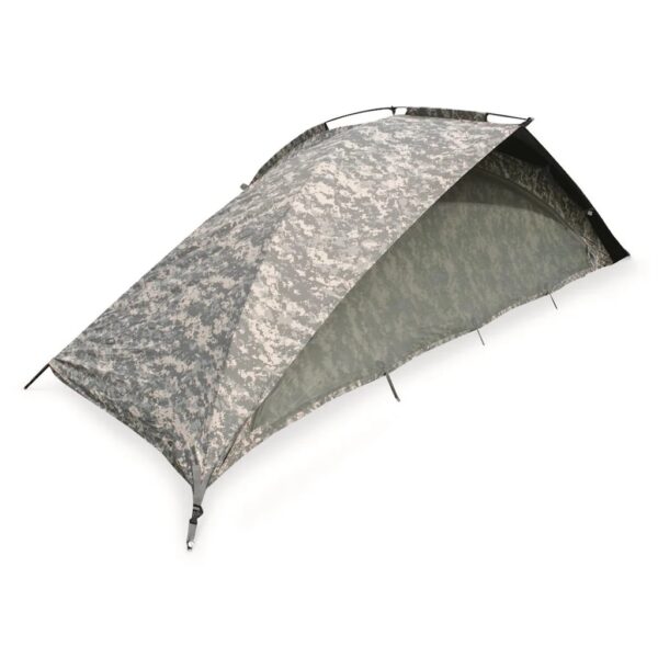 a US Army-issue ACU camouflage Improved Combat Shelter (tent)