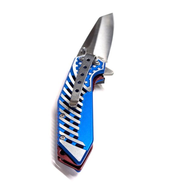 view of the backside of a USA flag pocket knife