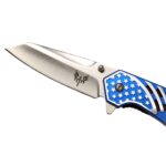 the blade of a stainless steel Combat Ready American flag pocket knife