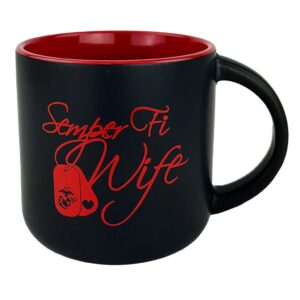 a black and red coffee mug that says "Semper Fi Wife" with dog tags featuring a heart and an EGA