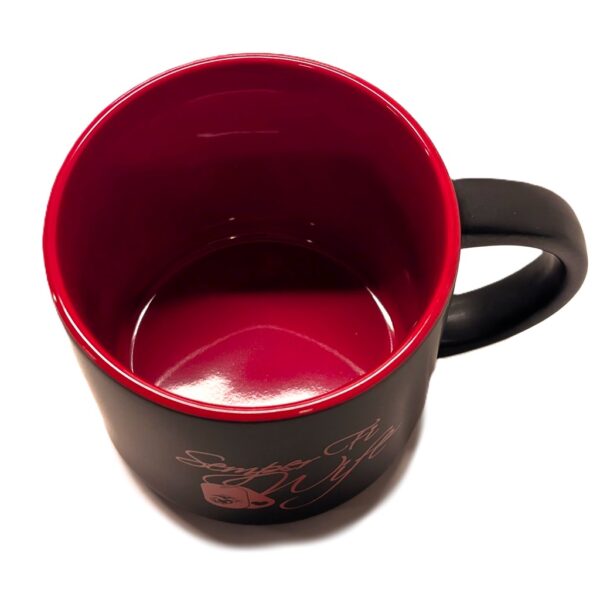 a black and red coffee mug that says "Semper Fi Wife" with dog tags featuring a heart and an EGA