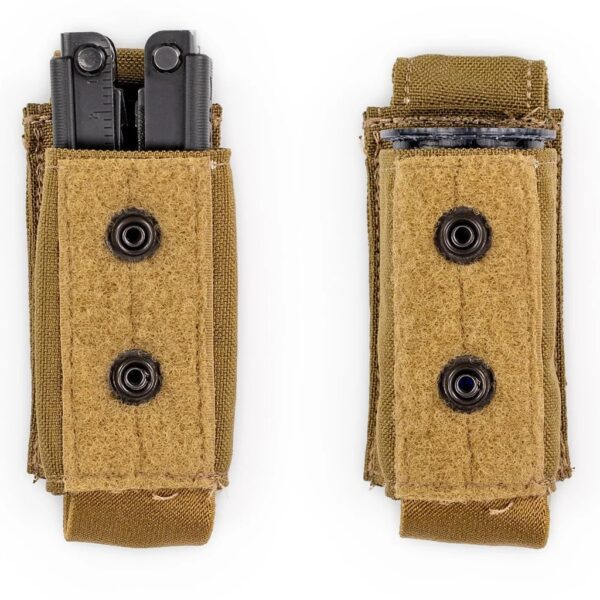 two US Marine Corps coyote brown grenade pouches with a magazine and a multi-tool
