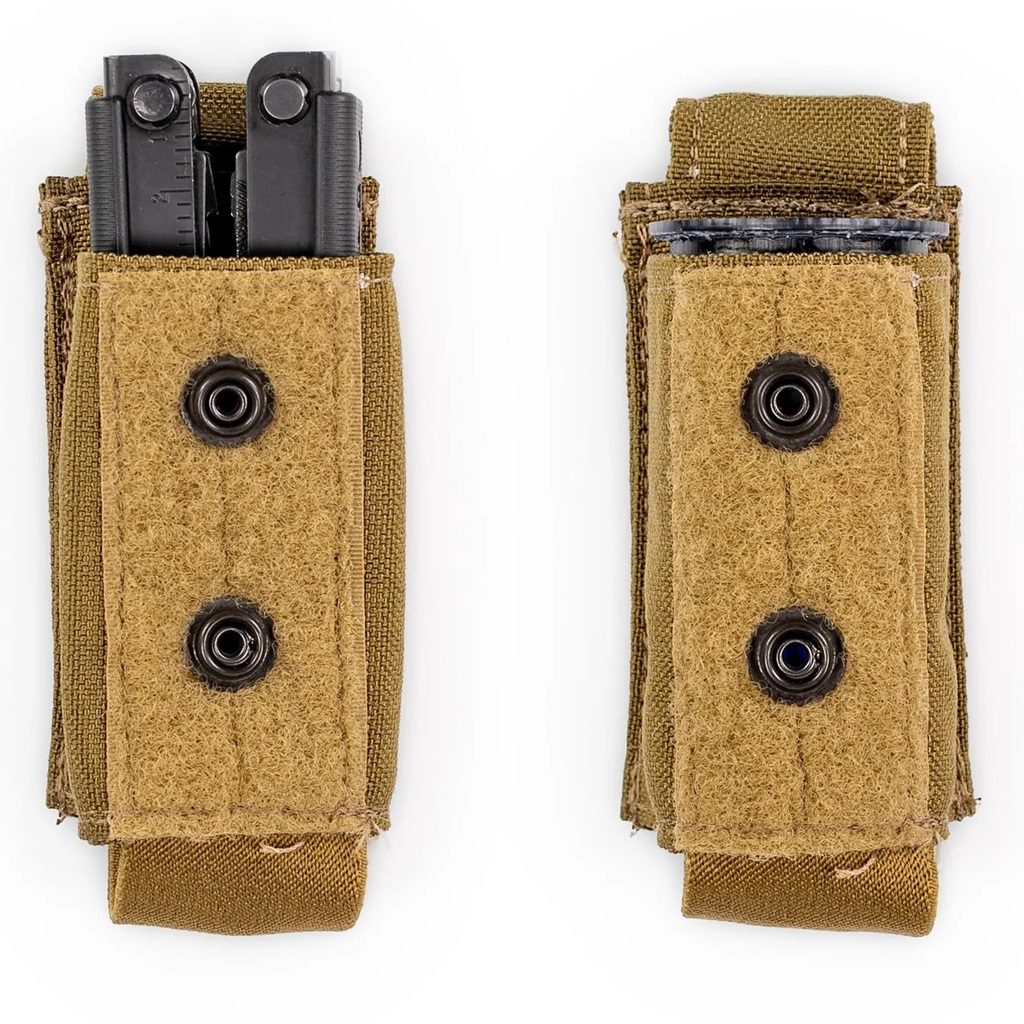 two US Marine Corps coyote brown grenade pouches with a magazine and a multi-tool